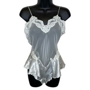 Vintage Etienne Bodysuit Sheer Lingerie Ivory White Flouncy Waist Size Small